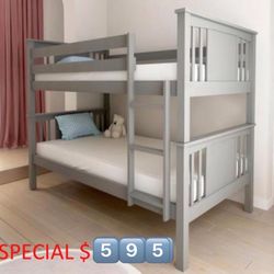 Wooden Twin/Twin New Bunkbed With Both Full Size Mattresses Included 
