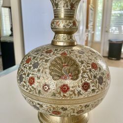 Brass Etched and Painted Vase 10.5” Tall. 