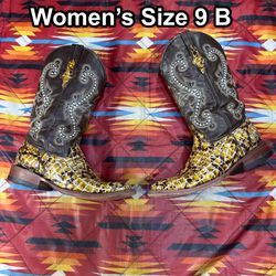 Ferrini Black Yellow Snake Skin Square Toe Womens Boot Size 9 B Leather