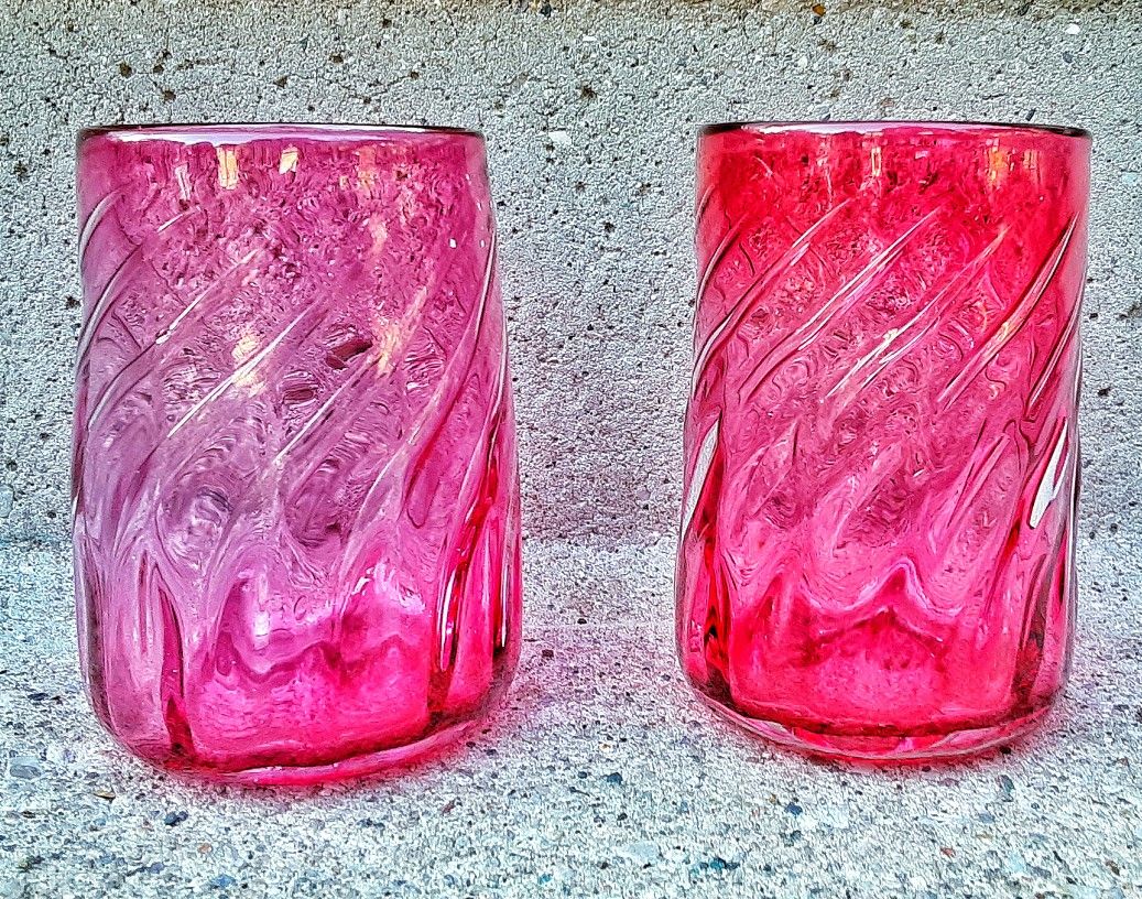 Signed cranberry glass bubble swirl tumblers or vases
