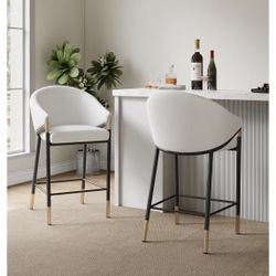 Brand New Modern Counter Stool Set of 2, Kitchen Counter Height Bar Stool, Cocktail Stool with Curved Backrest, Fabric Upholstered Armchair for Home B