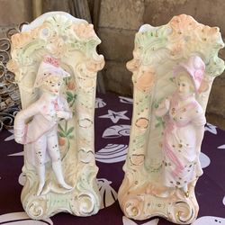 A Pair of Vintage Porcelain Bisque Figurines, Likely Of German Or French Origin From The 19th Or Early 20th Century
