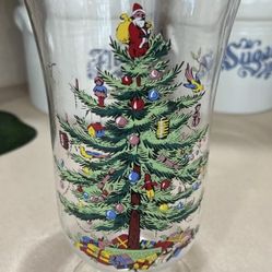 Vintage Spode Christmas Tree Glass Pillar Hurricane Candle Holder Vase 9.5"