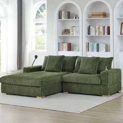New Green Corduroy Sectional Sofa With Chaise, Free Delivery ✅ Modern Corduroy Sectional Couch Multiple Colors Available 