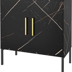 Storage Cabinet with Doors - Modern Black Accent Cabinet, Marble Black Buffet Cabinet with doors and Adjustable Shelf, Sideboard Cabinet for Kitchen, 