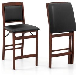 Set of 2 Counter Height Chairs, 24.5” Folding Kitchen Island Stool with Rubber Wood Legs, Footrest, Padded Seat