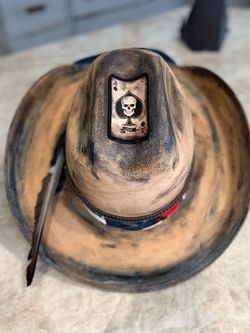 Custom cowboy hat skull 💀 theme distressed unique size 7 1/2- 7 5/8”