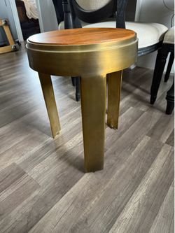 Brass & Wood Round Accent Side Table