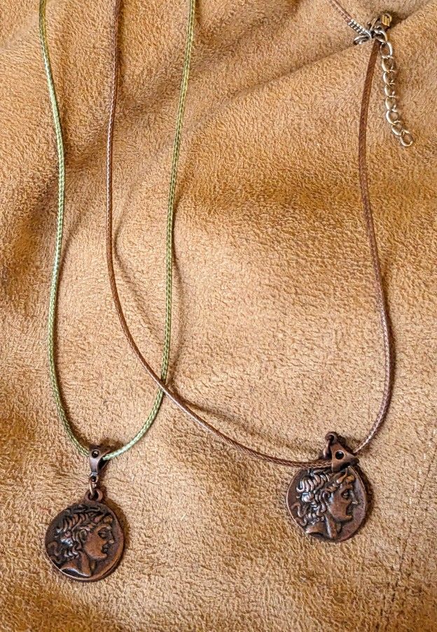 2 Identical Ancient Greek Alexander The Great Copper Pendants On Rope Necklaces