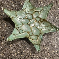 Vintage Turkish Art Glass Akcam Starfish Dish Sea Green Reverse Painted Gold