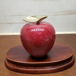 Marble Red Alabaster Apples Paper Weight Brass Leaf Stem