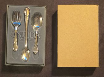 Vintage Oneida Silverplate Chalice 3 Piece Set Baby Child Fork Spoons