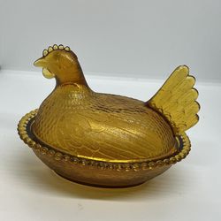 VTG Indiana Glass Hen On Nest Amber Chicken Candy Dish Bowl Trinket w Lid 7"x5,5