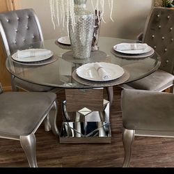 Round Glass Dining Table Set for 4, Silver Round Kitchen Table with 4 Upholstered Velvet Accent Chairs, 5 Piece Modern Dining Room Set, for Home, Apar