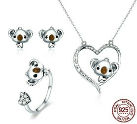 (Shipped Only) Sterling Silver Koala Earrings/Ring/Necklace Jewelry Set