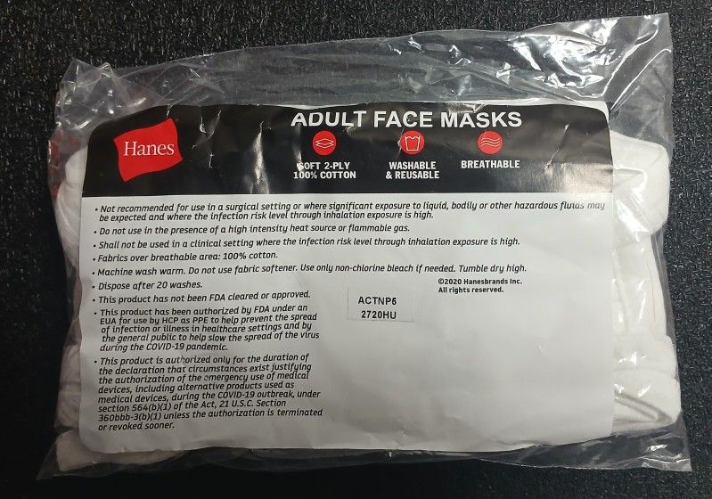 (5 Pack) *HANES Face Masks, WHITE Cotton Reusable Cloth Facemask
