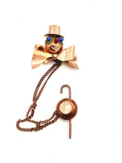 Vintage Art Deco Copper Clown Snowman Brooch Pin w Bowtie & Top Hat