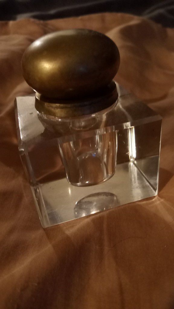 Two Antique Ink Bottles With Brass Knob Lids Selling As Is