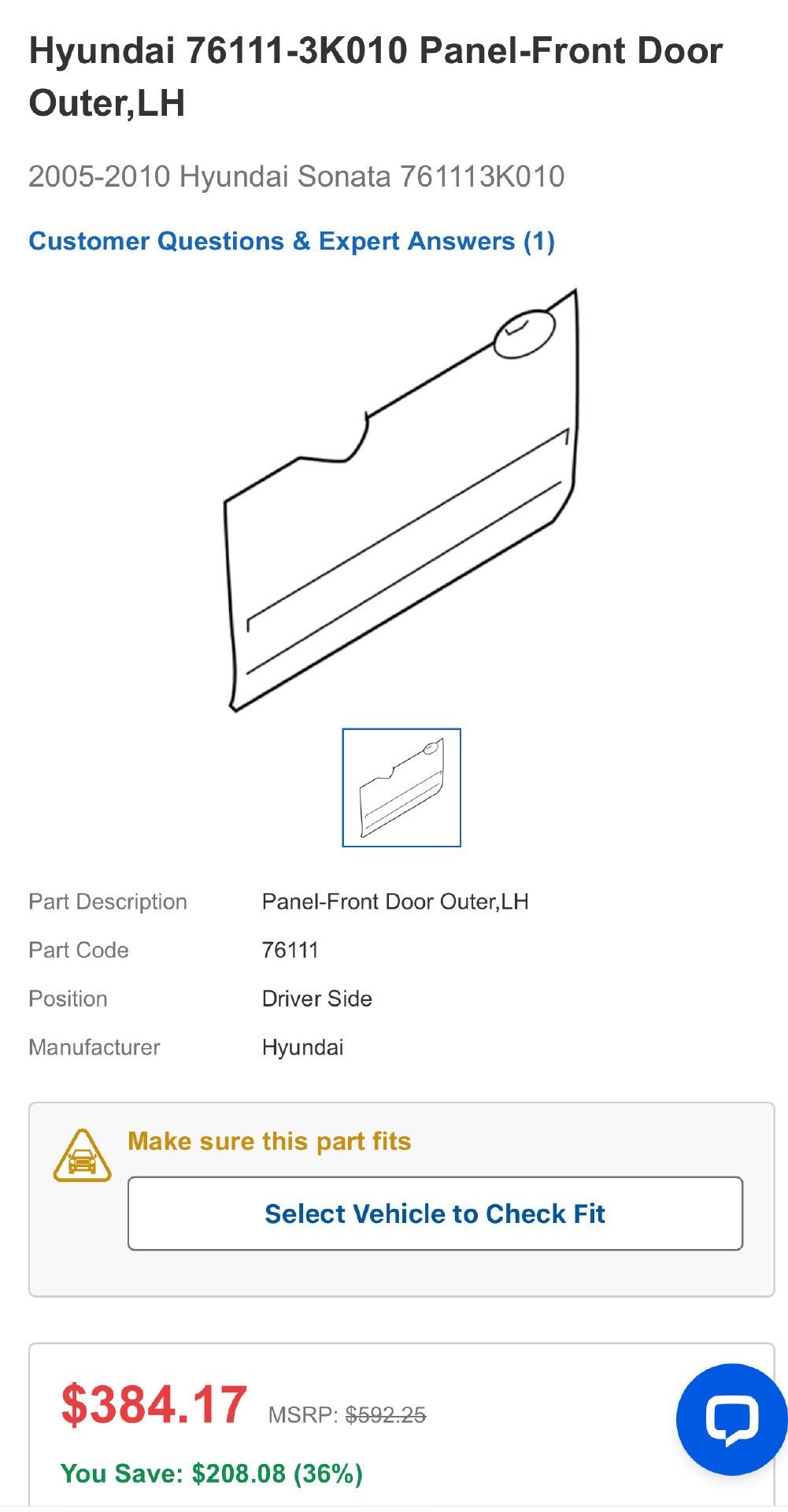 Genuine OEM 76111-3K010 Panel-Front Door Outer Left 2005-2010 Hyundai Sonata