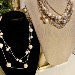 Lot Of Two Silver Tone Multi Strand Necklace With Faux Pearls