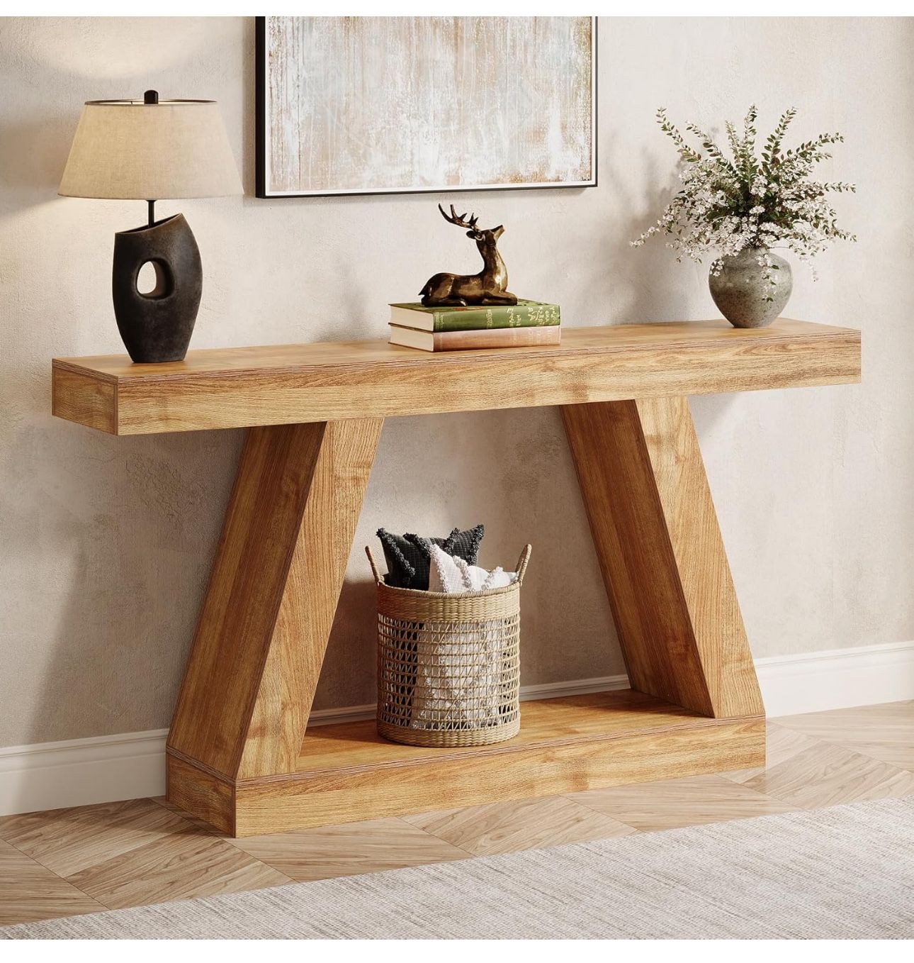 Tribesigns Farmhouse Console Table, 55-Inch Rustic Sofa Table with Storage, Industrial Wooden Entryway Table for Hallway, Living Room, Natural Brown