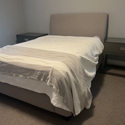 Full Size Upholstered Bed in Very Good Condition Mattress and Box Spring Included if wanted 48”h @ hb x 58”w x 14”h @fb. Smoke free household
