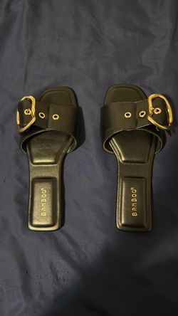 Bamboo Black Slide Sandals with Gold Buckle – Women’s