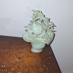 Chinese Carved Celadon Jade Flower Pot Sculpture
