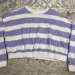 Champion Women’s Cropped Sweatshirt Long Sleeve Purple White Stripes Size M