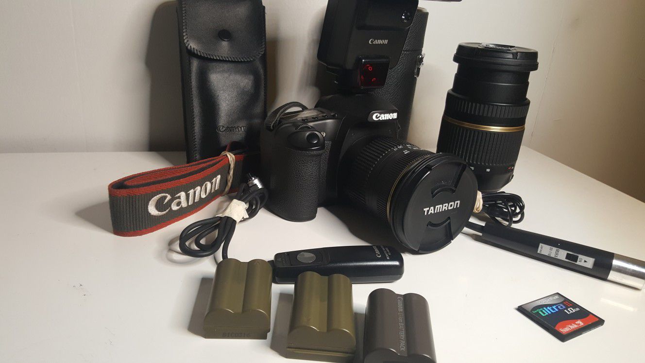 Canon EOS 30D DSLR camera with lenses and accessories