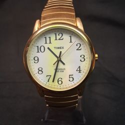 Timex Indiglo Watch Men Gold Stainless Steel Stretch Light Batt WR White Quartz