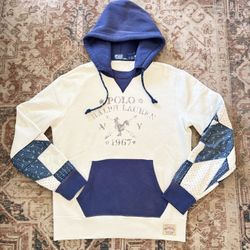 Polo Ralph Lauren Men's White Multi Vintage Fleece Lined  Pullover Hoodie