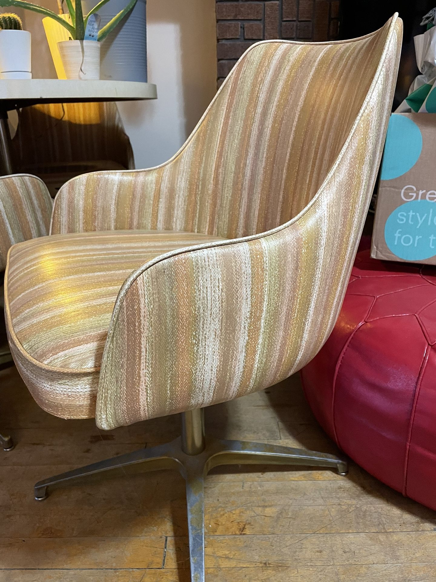 3 MCM Vintage Chairs Stripy Orange Swivel Egg