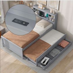 Twin XL (Bed Frame with Drawers and Trundle for Kids, Grey Wooden Twin Platform Bed with Storage Headboardl