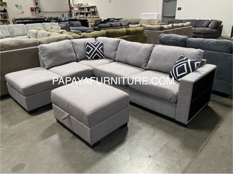 Reversible New Plush Sectional Sofa, Fabric Couch, Grey Sofa, Gray Couch, Sectional with built-in Shelves armrest, Sectional and Ottoman, Storage Otto