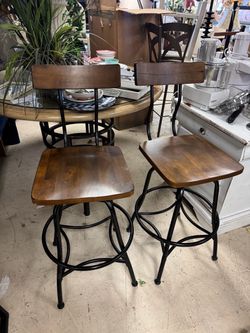 Industrial Wood and Metal Bar Stools Set of 2