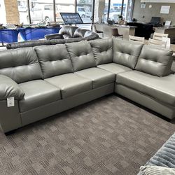 Grey Leather Tufted Sectional Couch