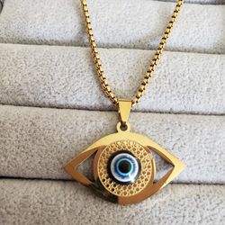 Stainless Steel Necklace And Pendant..evil Eye Blue...24 Inches Long...will Drop Price On This Because There Is A Little Chip On Pendant And A Spot
