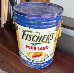 Large Vintage Fischer’s Pure Lard 50lb Store Display Tin Bin w/ Lid & Handles – Farmhouse Style
