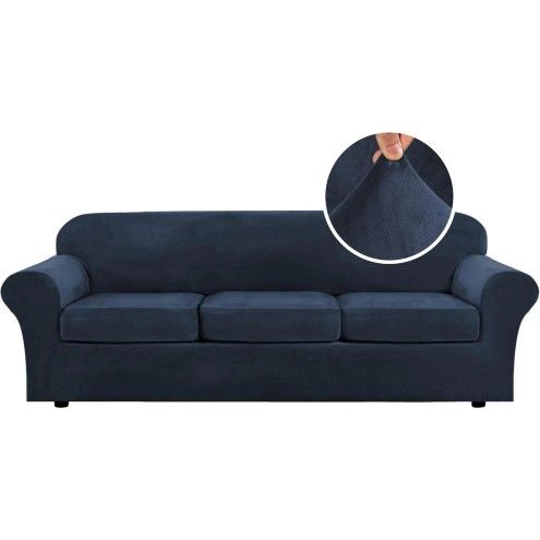 Modern Velvet Sofa Cover, 3 Cushion Sofa Couch Cover Navy Blue