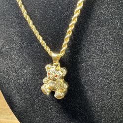 24” Gold Plated Chain + Teddy Bear Pendant – New