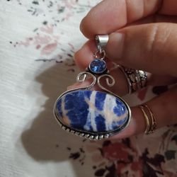 Silver Pendant With Natural Soldalite And Blue Topaz 
