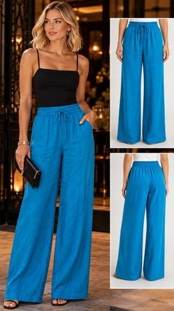 Jordan Woman Blue Linen Wide Leg Pull On Stretchy Pants Plus 2X NWT Day-Dinner