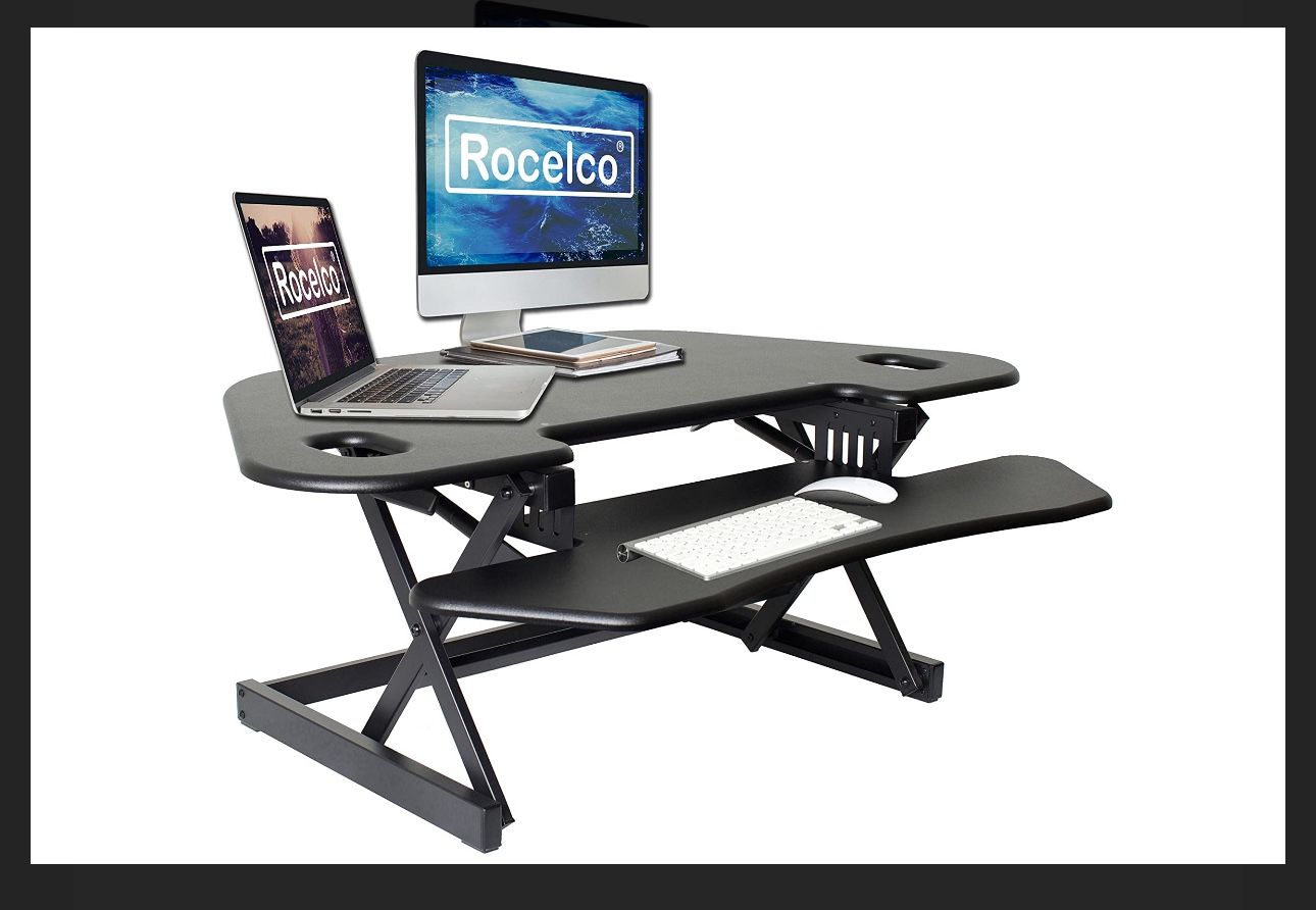 Rocelco 46" Height Adjustable Corner Standing Desk Converter, Quick Sit Standup Dual Monitor Riser, Gas Spring Assist Tabletop Computer Workstation, L