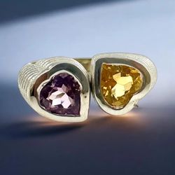 Amethyst And Citrine Heart Ring - Adjustable Size 