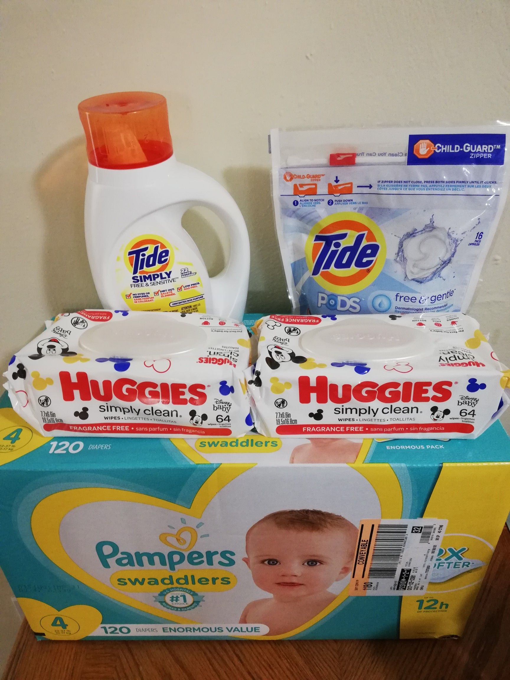 Pampers size 4, huggies wipes, tide laundry detergent