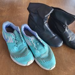 Lot  5 women shoes lot of 2 pairs.  Nike Light teal tennis shoes, needs laces.  Wonder Nation black ankle boots  