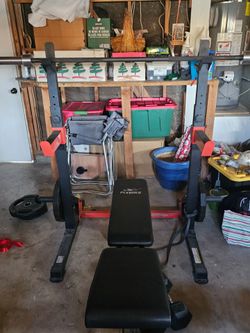 Bench press, squat rack, dip machine, bench and Olympic barbell