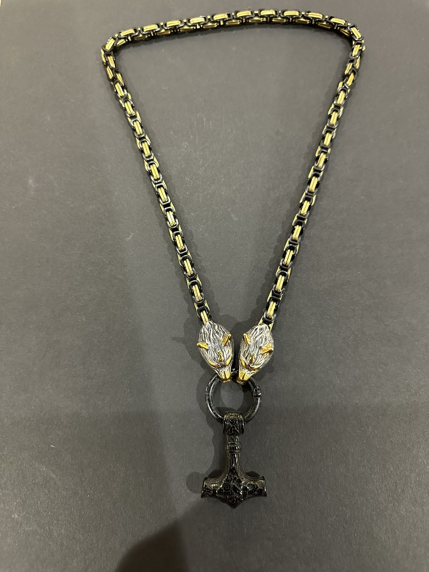Black and Gold Chain, Gold Thor’s Hammer Mjölnir pendant w/black and gold wolf heads