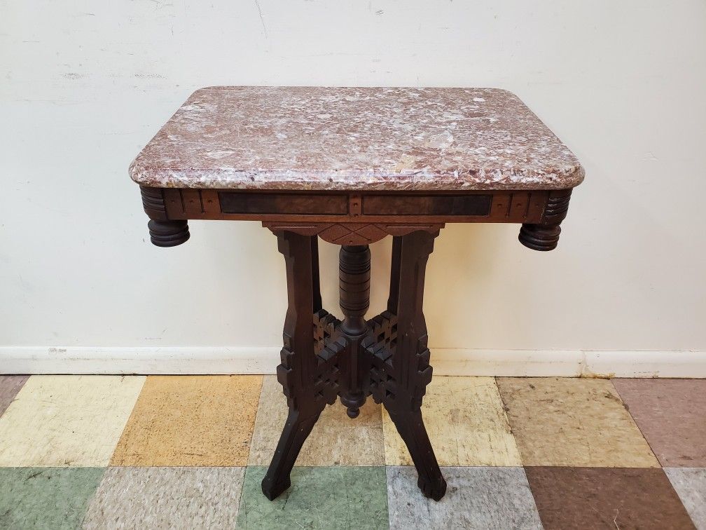 Victorian Eastlake Marble Top Parlor Table - Accent Lamp Table With Tennessee Marble